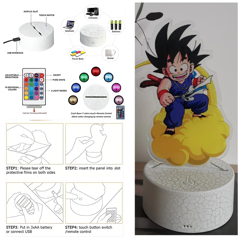 Dragon Ball Z Goku Anime Figure 3D Lamp Gohan PVC Action Figures RGB LED Night Light Toys Children Room Decor Super Saiyan Gifts