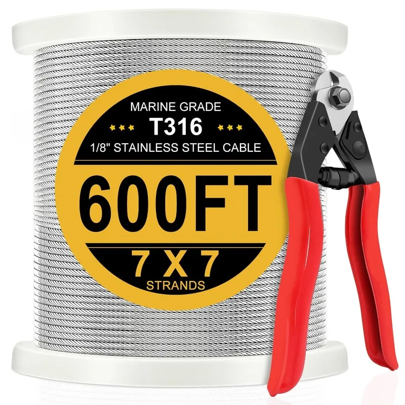 600FT 1/8 Inch Stainless Steel Cable for Deck Cable Railing System, T316 Marine Grade Wire Rope Aviation Cable