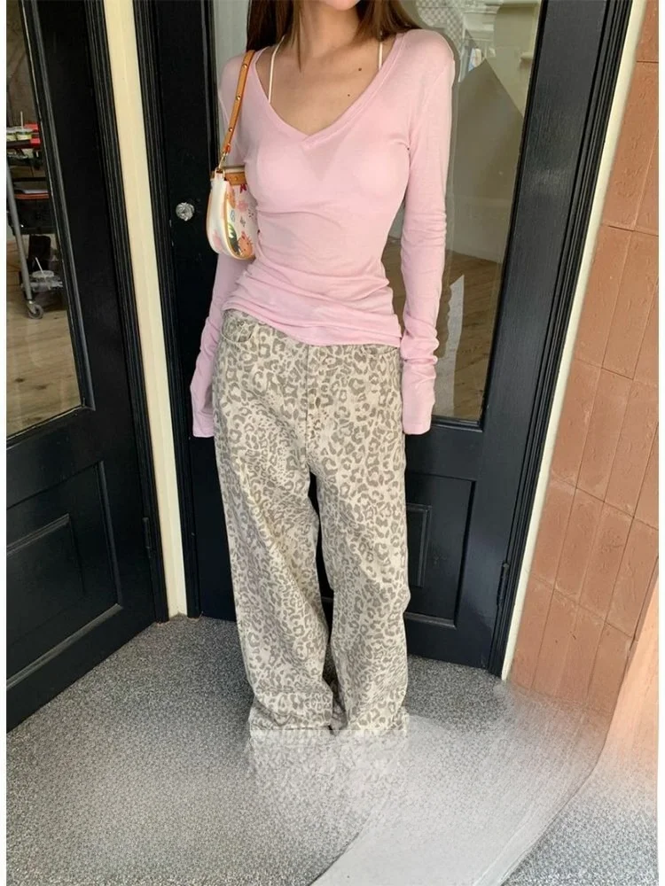 

plus Size American Sle Slimming Leopard Print Design Wide Leg Jeans Women's Autumn Winter Loose Straight Cut Trousers