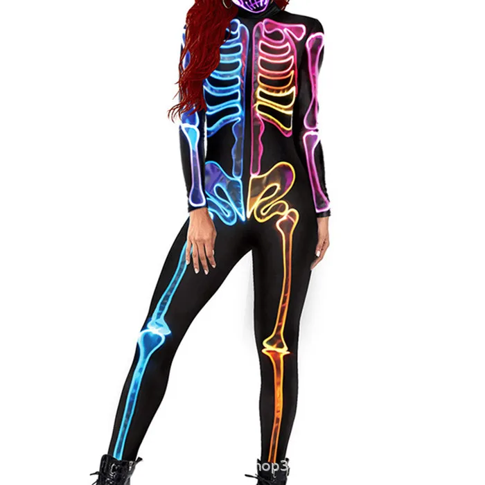 Skelett-Knochen-Blumen-Schädel 3D-Druck Anzug für Damen und Herren, Muskel-Menschenkörper-Jumpsuit, Halloween-Party-Cosplay-Kostüme – Detail 3