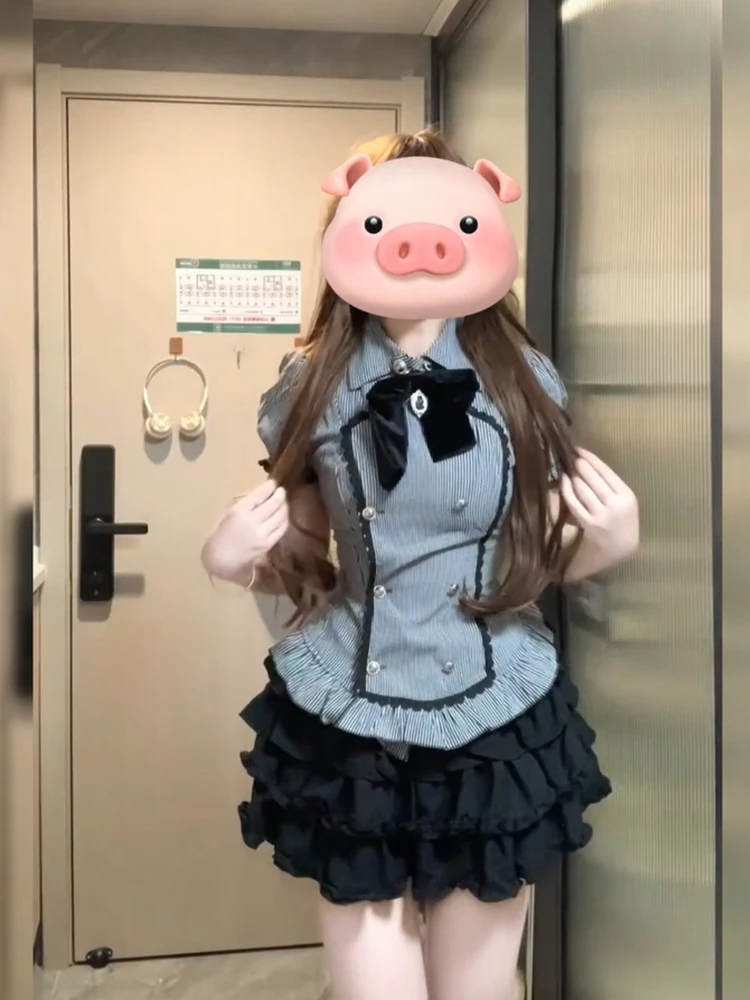 College Style Slimming Suit Dress for Women Summer 2025 New Design Short Sleeve Shirt + Layered Short Skirt Two-Piece Sets