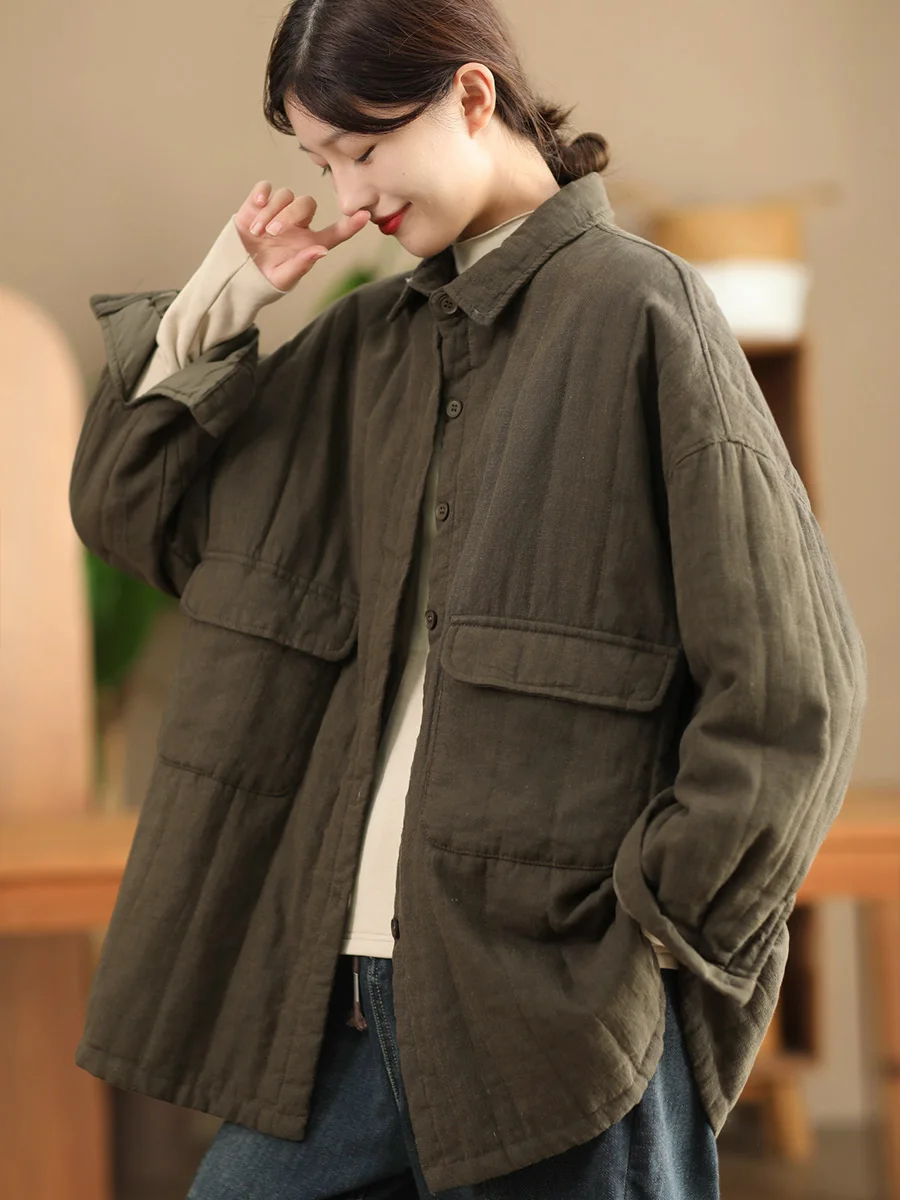 2025 Autumn/Winter New Sand Washed Hanma Thickened Cotton Coat Jacket Women's Large Pocket Long Clip Cotton Coat Warm Cotton
