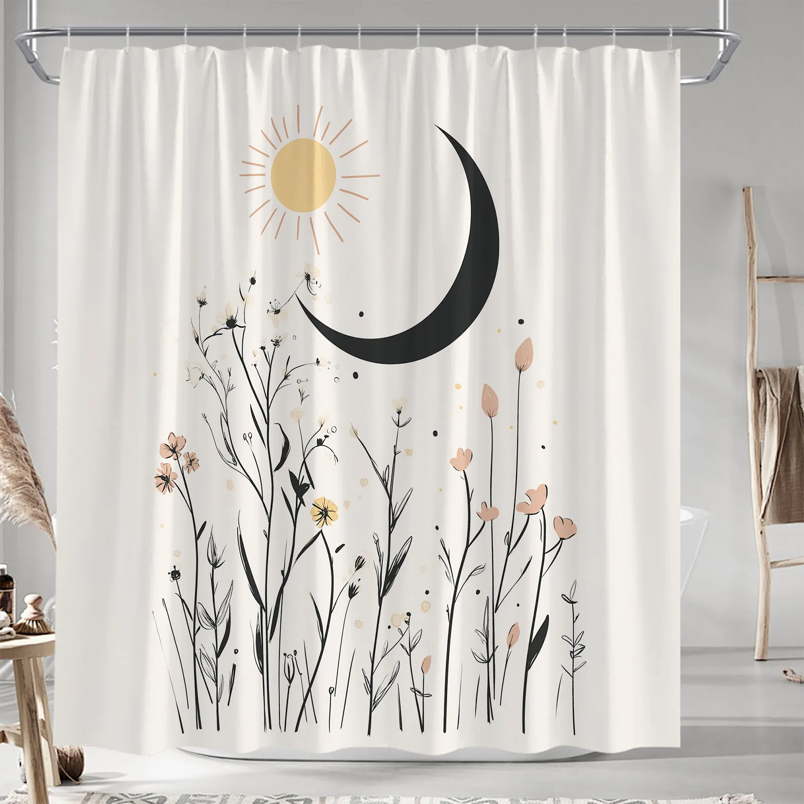 Botanical Crescent Moon & Sun Curtain - Soft Beige, Floral Design, 70In, Polyester, 12 Hooks, Machine Washable