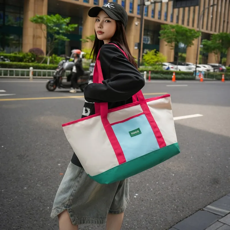 Unisex Dopamine Color Block Tote Bag Large Capacity Waterproof Shoulder Handbag for Commute Travel Gym Shopping
