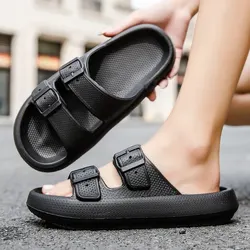 Summer Slippers Indoor Non-slip Women Men Couple Boken Double Buckle Home Slides EVA Thick Sole Flops Bothe Shower Shoes