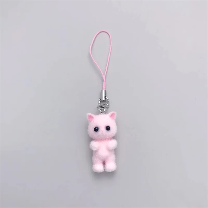 1PCS 3D Cute Plush Resin Cat Pendant Keychain For Women Simple Design Phone Rope Chain Lovely Animal Bag Car Keyring Young Girls