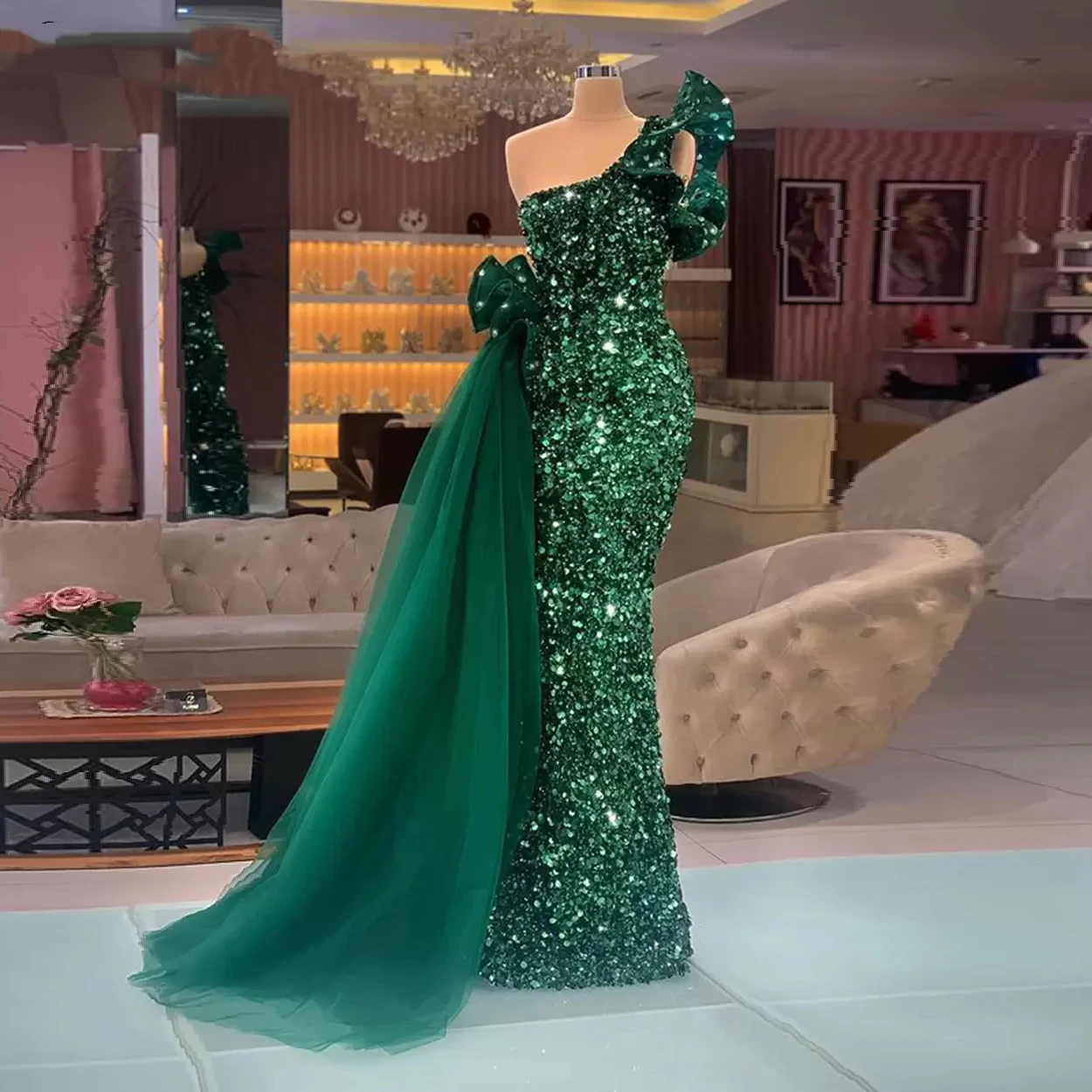 Elegant Green Evening Dresses Mermaid Sparkly Sequins 2023 Women Formal Prom Gowns Ruffle One Shoulder Robe De Soirée Femme