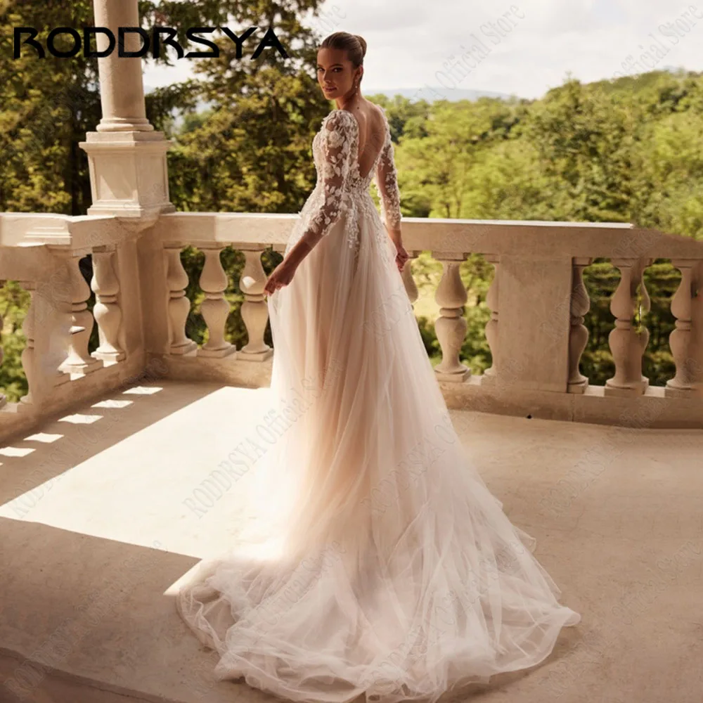 RODDRSYA personalizzato scollo A V una linea abiti da sposa 2025 sposa pizzo 3/4 manica Backless fiori abito da sposa Vestidos De NoviasRODRSYA Customized V Neck A Line Abiti da sposa 2025 Bride Lace 3/4 Manica Backles