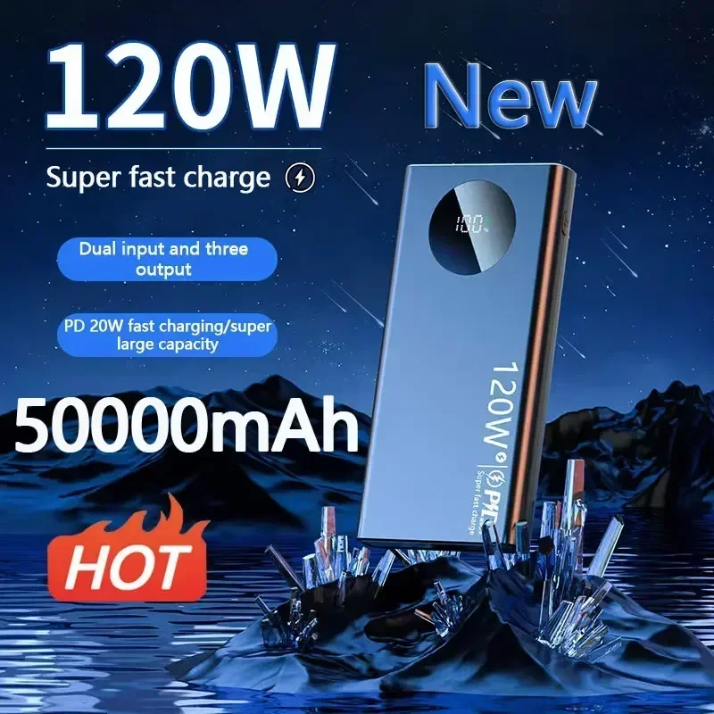 120w New Super Fast Charge 50000mAh Ultralarge Capacity Digital Display Mobile Power External Battery For Iphone Xiaomi Samsung