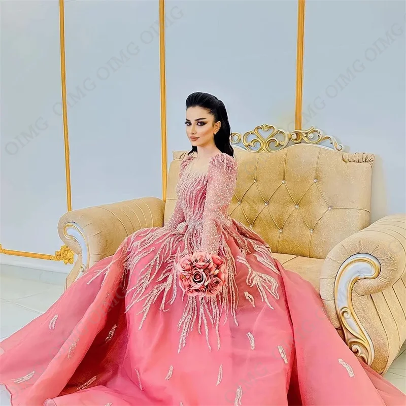 OIMG Strapless Pink Organza Woman Evening Dresses Gowns Shiny Sequins Beads Prom Dress Formal Event Long Pretty Gowns Customized