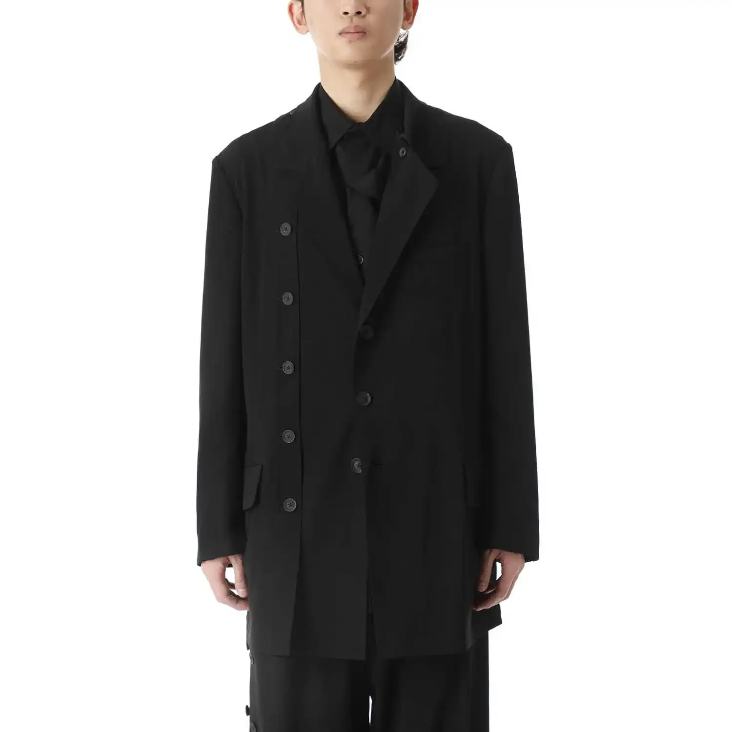 

YOJI OOAK однотонный персонализированный повседневный топ средней длины, пиджак, асимметричный топ с украшением на пуговицах для мужчин