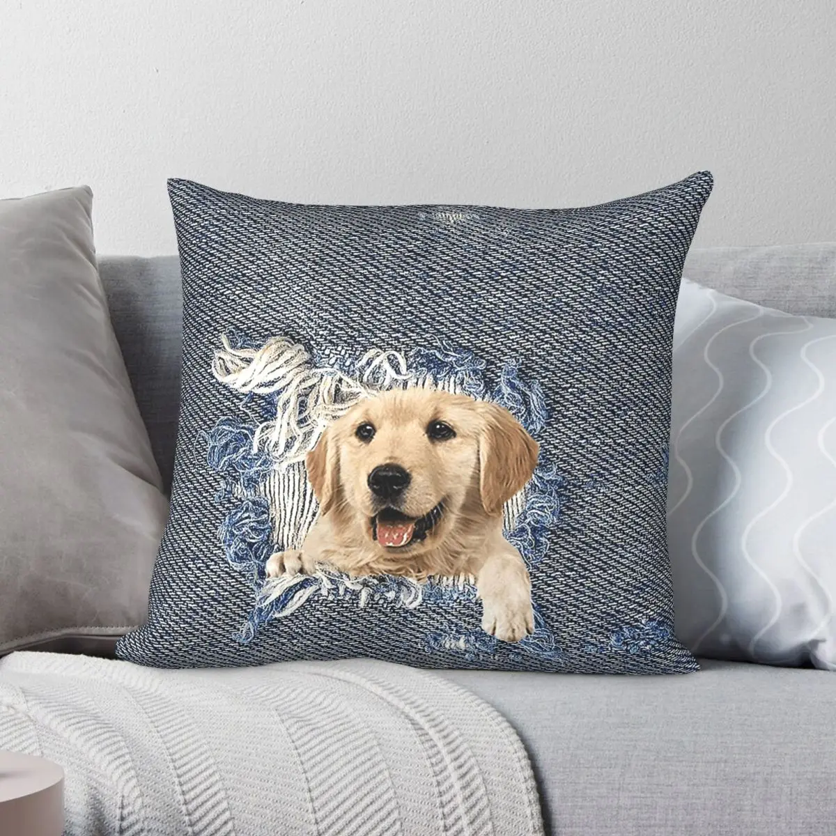 Golden Retriever In Denim Square Pillowcase Polyester Linen Velvet Printed Zip Decor Pillow Case Sofa Seater Cushion Cover