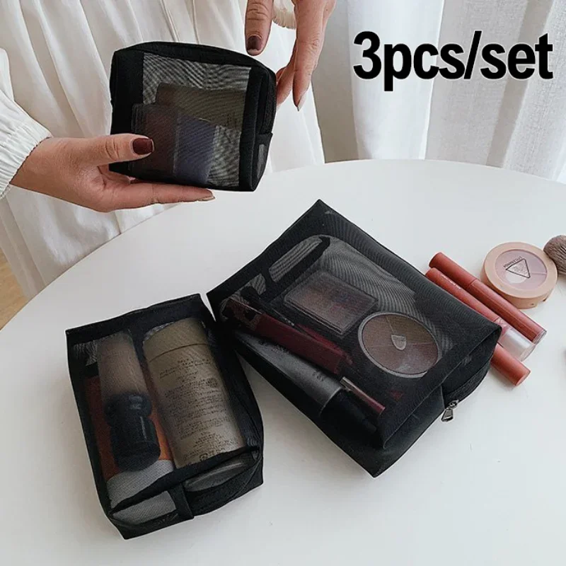 

Mesh Cosmetic Bags S/ M/ L Black Transparent Makeup Bags Portable Travel Toiletry Organizer Lipstick Storage Pouch Beach Outdoor