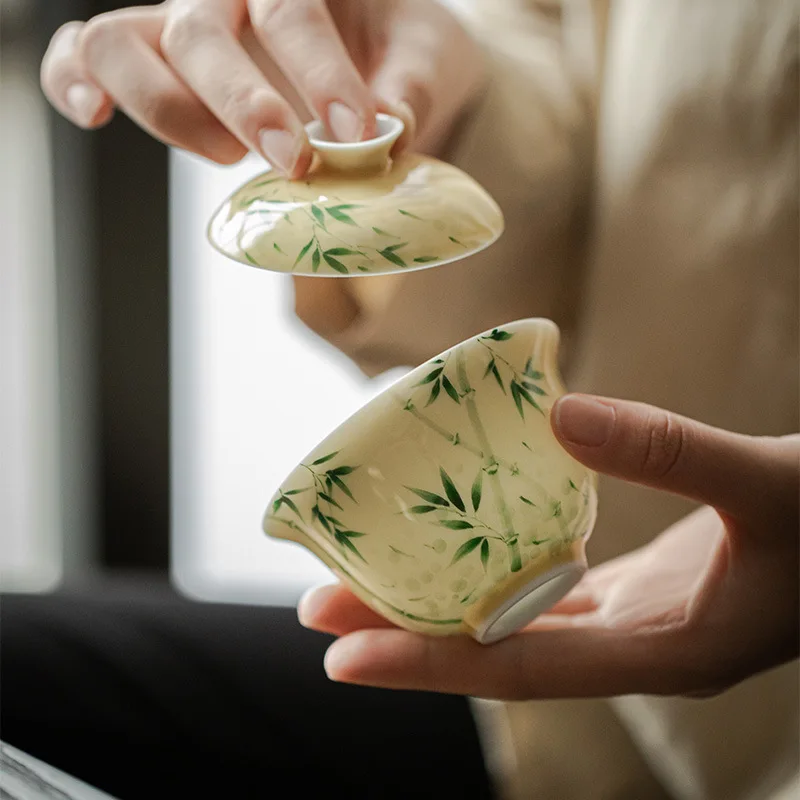 Yellow Hand-painted Xiangfei Bamboo Gaiwan White Porcelain Covered Bowl Chinese Style Tea Set Tea Making Bowl