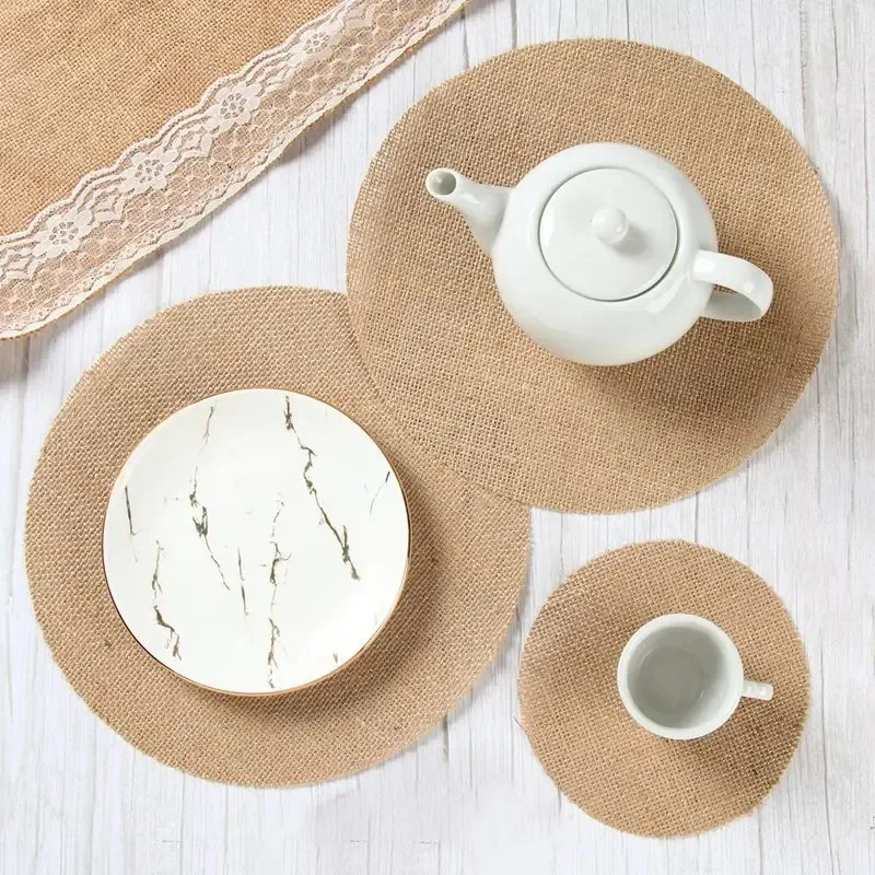 

5pcs Round Natural Jute Burlap Fabric Table Mat Tea Cup Coaster Pads Vintage Rustic Wedding Decoration Christmas Party Supplies