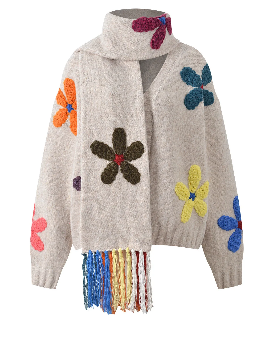 

Autumn 2025 Loose Casual V-ne Knitted Cardigan Coat with 3d Flower Pattern Scarf Set New Sle Color Blo Tee-dimensiona...