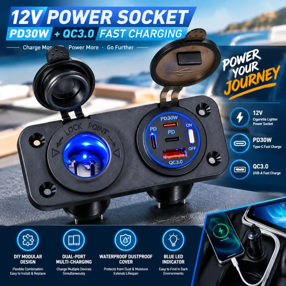 12V Cigarette Lighter Socket with Switch PD30W Type-C QC3.0 USB Charger Waterproof DIY Panel Car RV Motorcycle Boat ATV