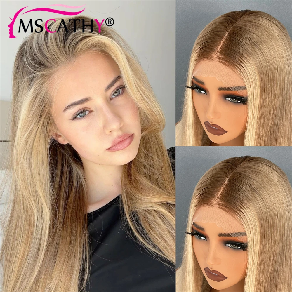 

Luxurious Salon Beige Blonde Ombre Hightlight Virgin Human Hair Wig Bone Straight 13x4 Free Part Lace Front Wig With Tiny Knots