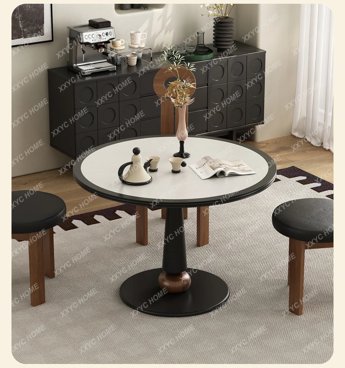 

X40 All Solid Wood Rock Slab Dining Table Household Round Table Modern Minimalist Black Dining Table Minimalist High Sense