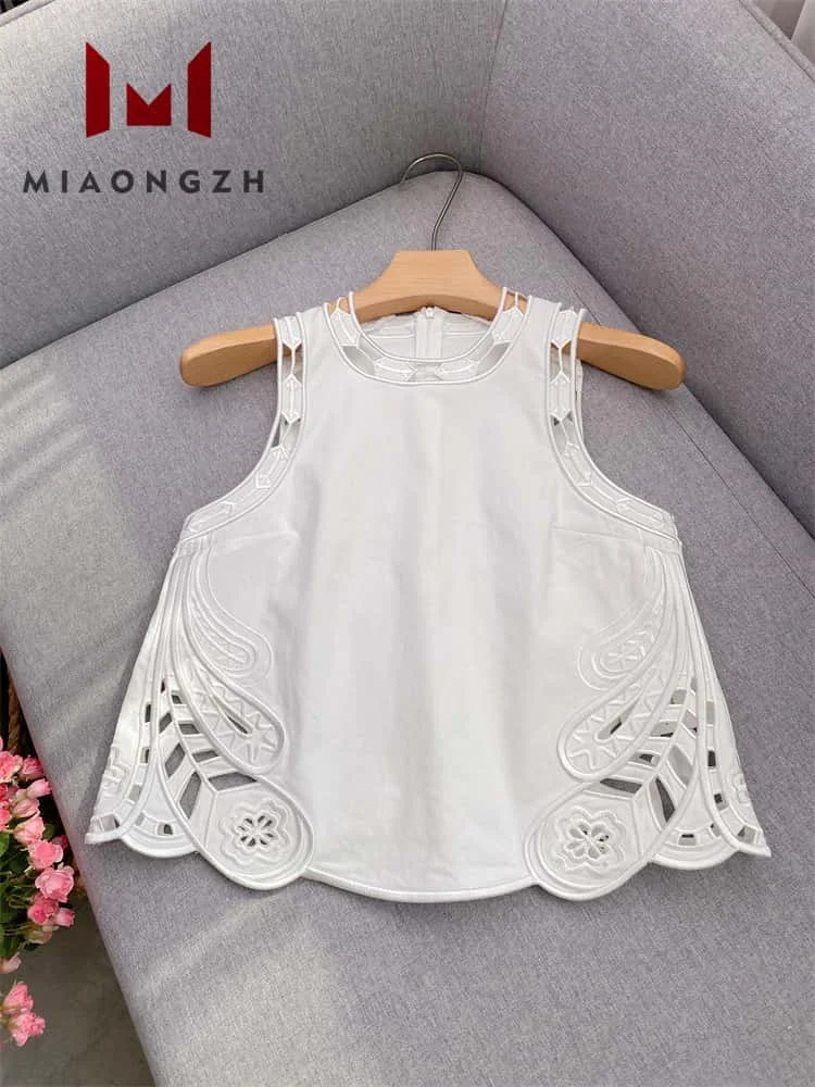 

White Shirt Vest O Neck Sleeveless Top or High Waist Straight Trousers Casual Long Pants Women Fashion Embroidery Hollow Out Set