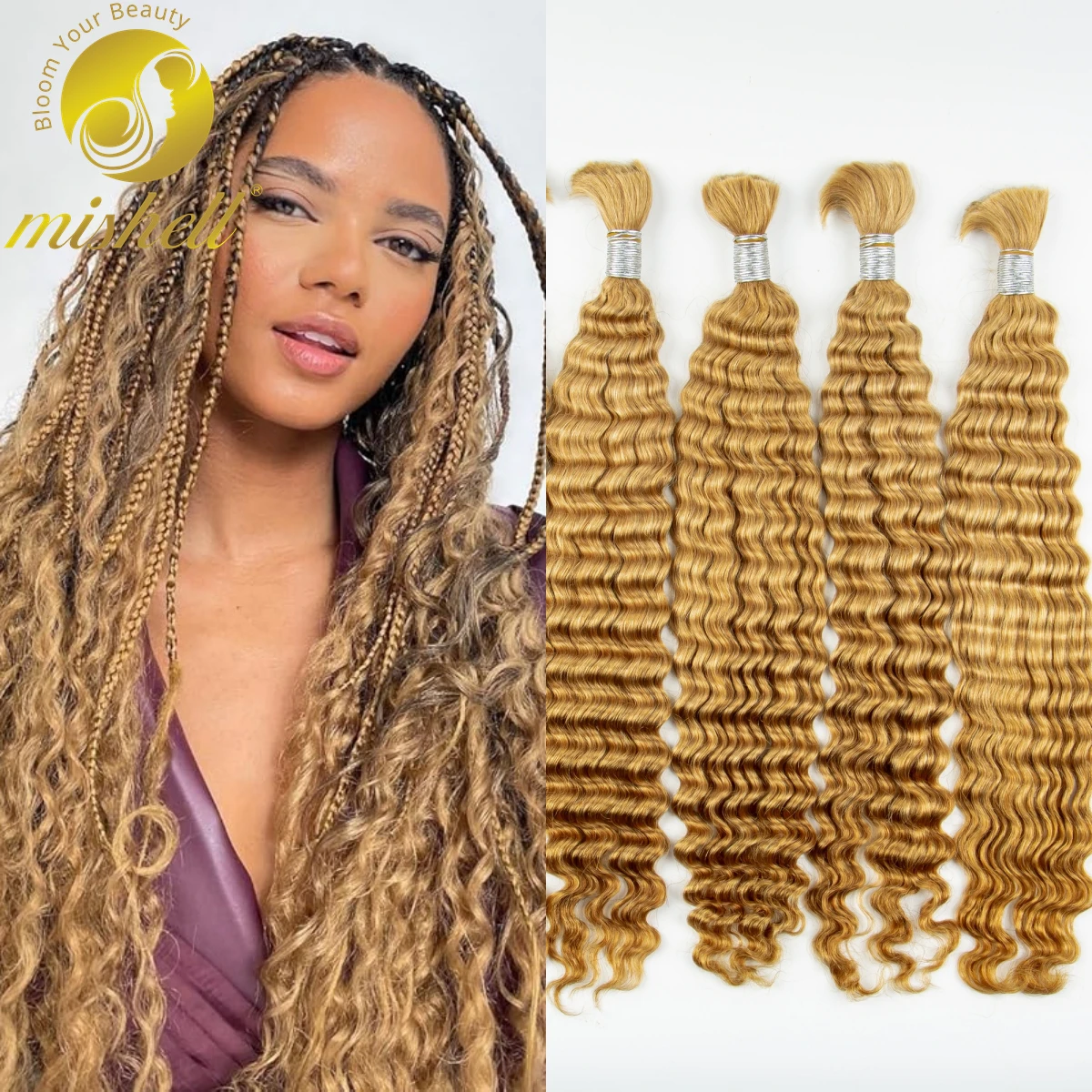 28 Inch Ombre 100% Human Hair Bulk for Boho Braids Virgin Human Hair Extensions No Weft Deep Wave Hair Bundles for Box Braids