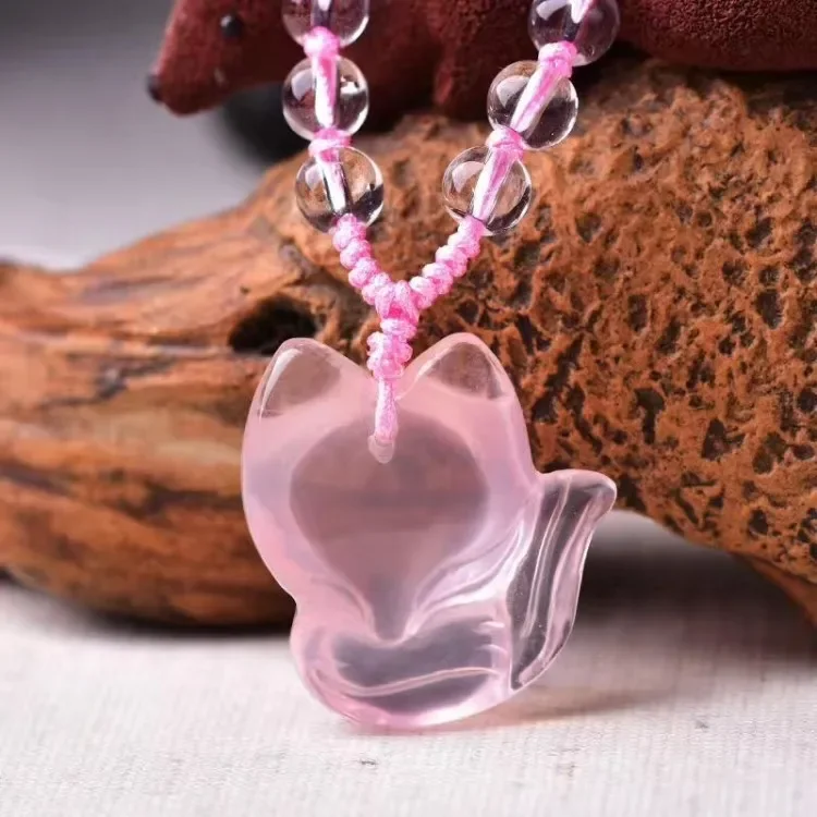 Naturalny Różowy Agat Chalcedon Jadeitowy Wisiorek Lis Naszyjnik Biżuteria DIY Ręcznie Rzeźbiony Relaks Uzdrowienie Kobiety Mężczyźni Prezent Łańcuszek do Swetra — zdjęcie 4