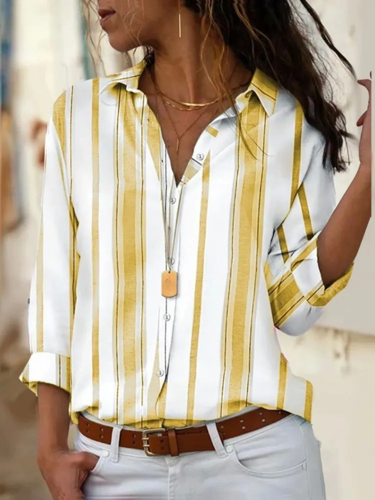 루즈핏 스트라이프 라펠 여성 셔츠 스트리트 스타일 긴팔 단색 버튼업 캐주얼 패션 가을 컬렉션