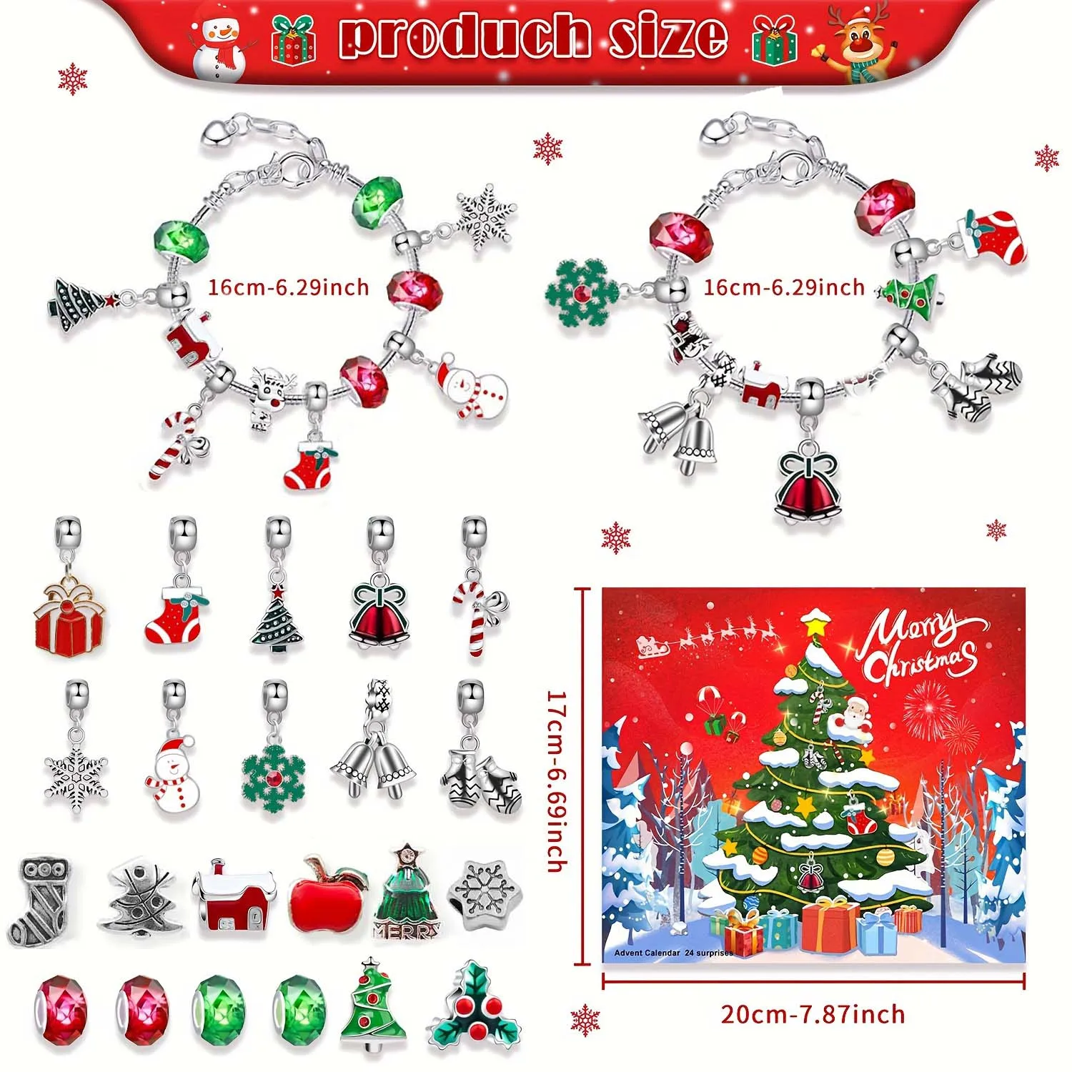 Creative Christmas 24-Day Countdown Calendar Box Set, Includes 22 Beads 2 Bracelets. DIY Bracelet Making Kit Accessories Gift view 2