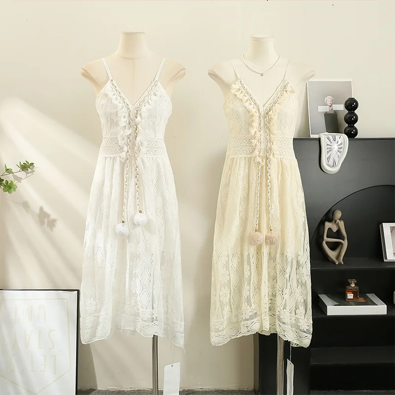 태셀 빈 아웃 V-neck 레이스 슬링 드레스 여성 2023 가을 새로운 허리 포옹 단어 미디 드레스 슬리밍 