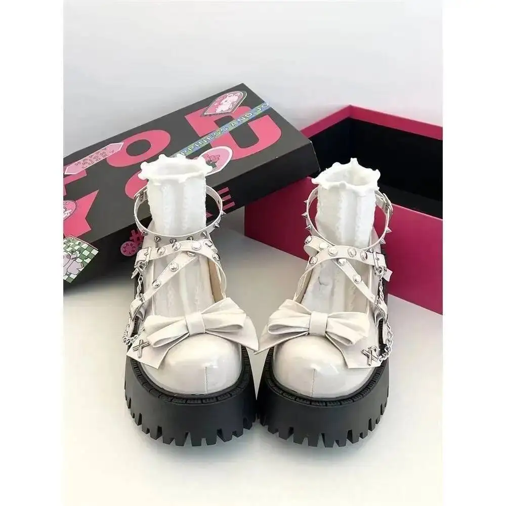 

Lolita Shoes 2025 New Women's Punk Rivet Thick Soled Leather Shoes Low Cut Bowknot Platform Elevator Japanese Maid Shoes