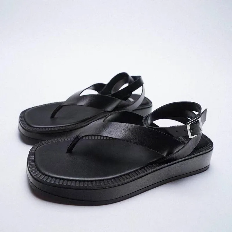 Letnie buty damskie czarne płaskie skórzane modne sandały Flip-flop ZA sznurowane sandały z grubą podeszwą z paskiem na kostkę dla kobiet