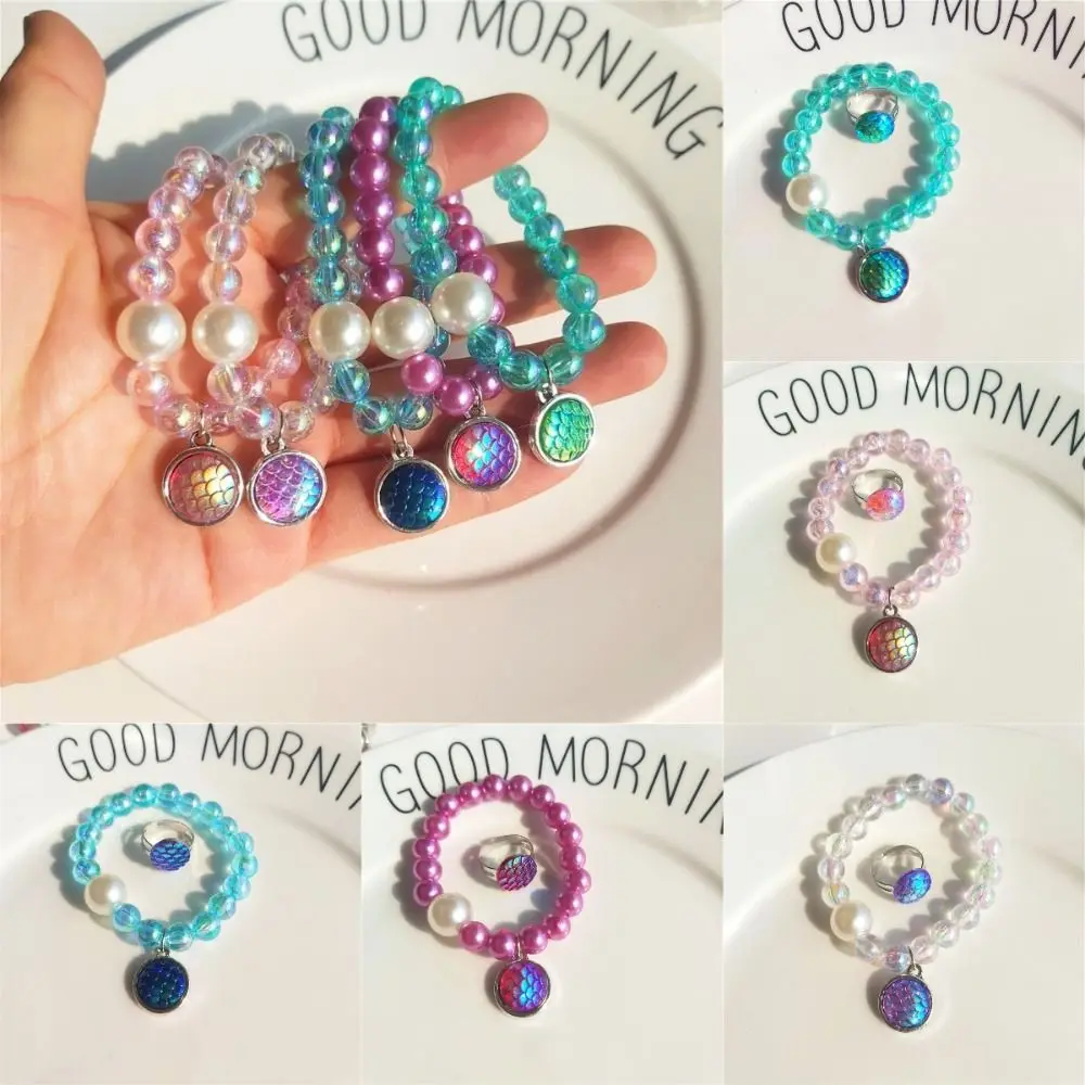 2pcs/set Polychromatic Girly Bracelet&Ring Set Sweet Cartoon Style Colorful Beaded Bracelet Fashion Elastic