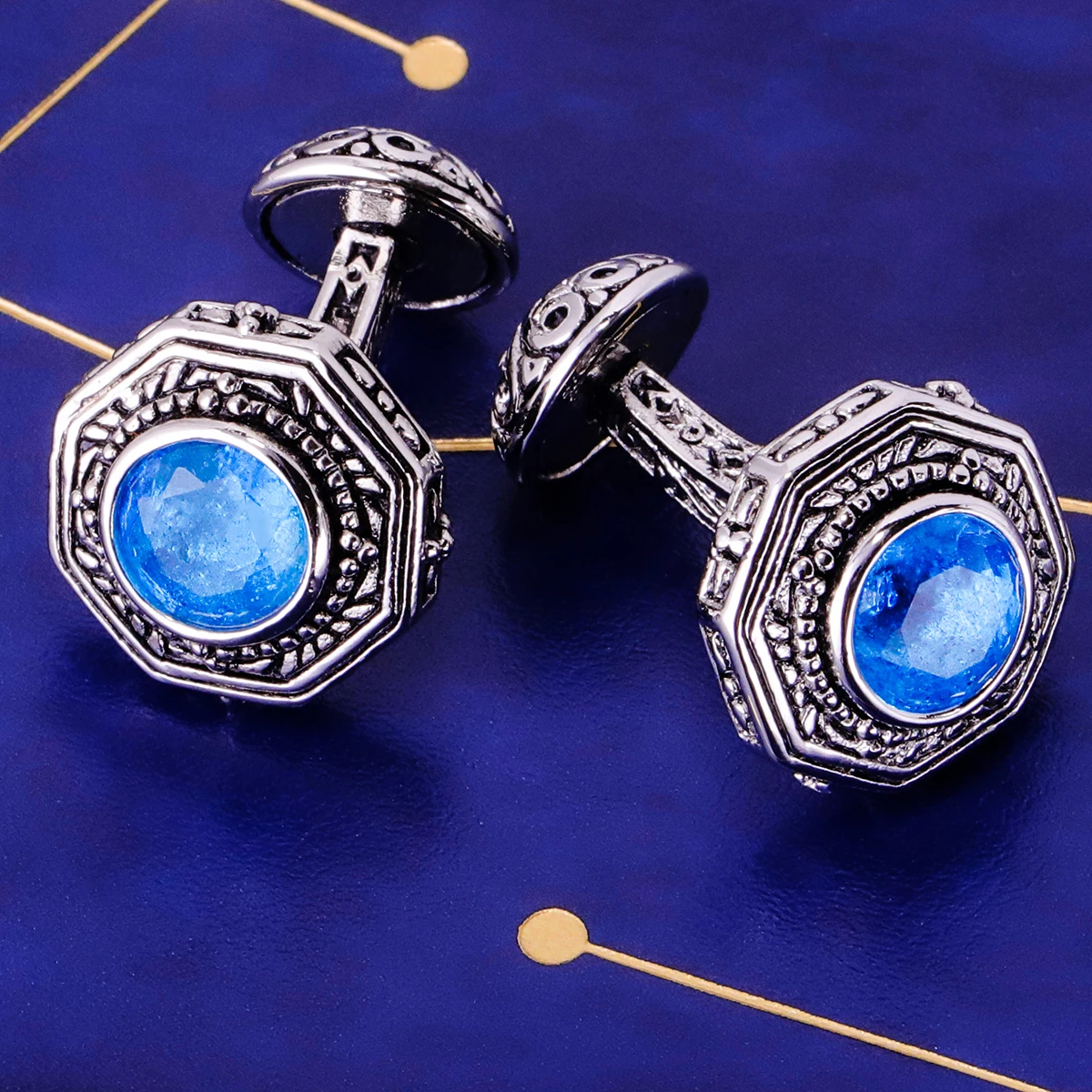 KFLK Brand High Quality for Men's Shirt Double Blue  Crystal Cufflinks Wedding Gift Buttons Guests