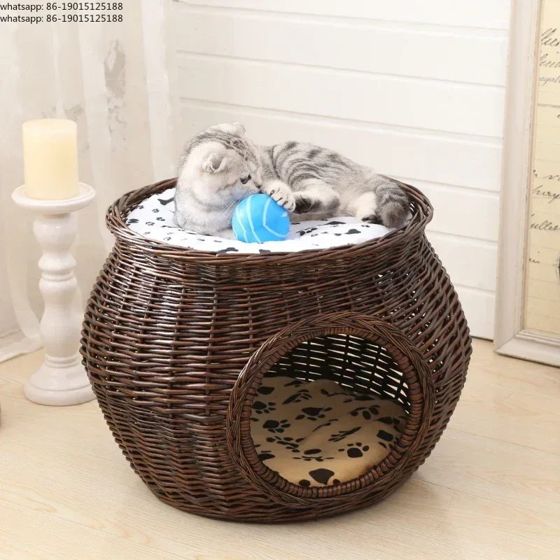 Handwoven Rattan Cat House Breathable Summer Pet Bed Washable Dog Crate Wicker Cat Villa for Small Pets All-Season Cozy Cottage