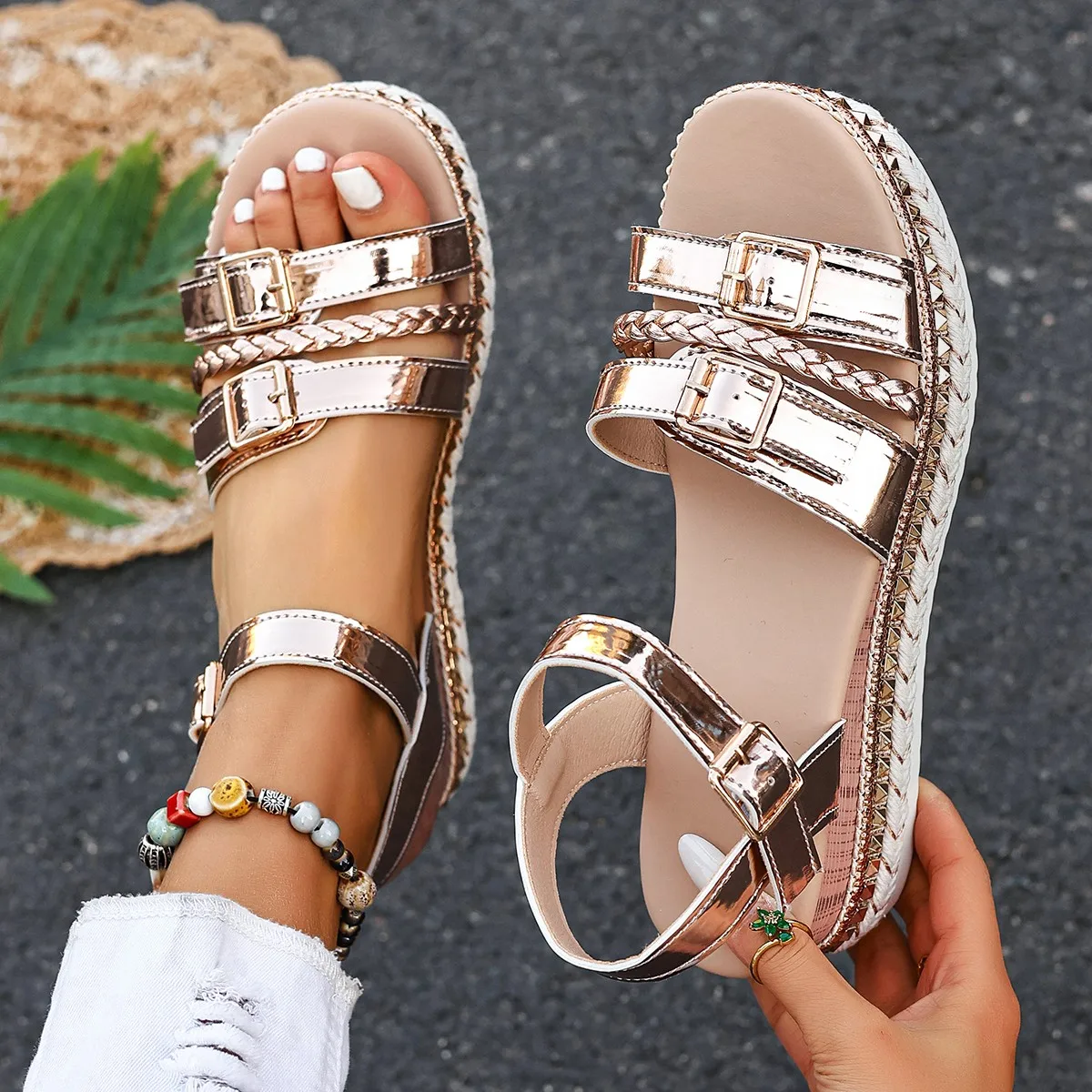 Sandalias de cuña de esparto para mujer, con hebilla metálica, punta abierta, plataforma, suela gruesa, estilo casual romano para playa