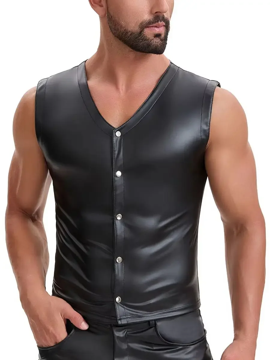 Men Plus Size Vest Matt PU Leather Tank Top Sleeveless Single Breasted Shirts Motorcycle Waistcoat Punk Vest Tights Weskit Tops