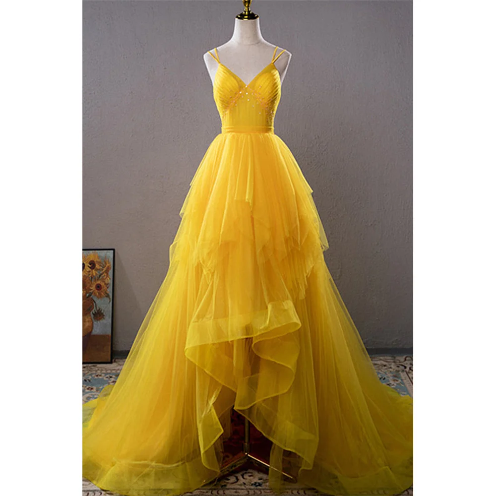 Lily Tiered Layer Charming Prom Dresses Gown Spaghetti Strap Formal Gowns Yellow Beading Tulle Evening Gown vestidos de noche