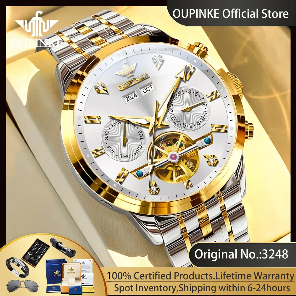 OUPINKE 3248 الأصلي الهيكل العظمي ساعات أوتوماتيكية للرجال الفولاذ المقاوم للصدأ مقاوم للماء التقويم المزدوج الفاخرة رجل الأعمال ساعة اليد