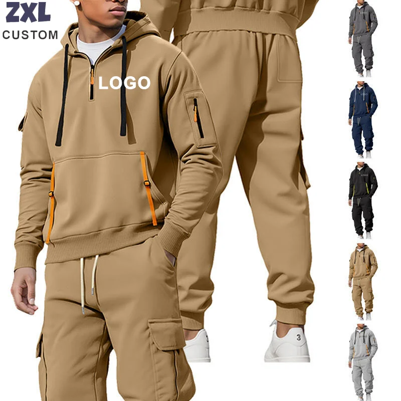 남성용 플리스 안감 후드 집업 멀티 포켓 카하트 작업복 세트 신상 가을/겨울 편안한 후드티 맞춤 로고