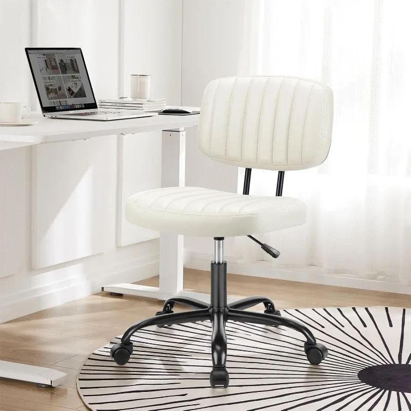 

Armless Home Office Chair with Comfy Low Back Lumbar Support, Height Adjustable PU Leather with 360° Swivel Wheels,Beige White