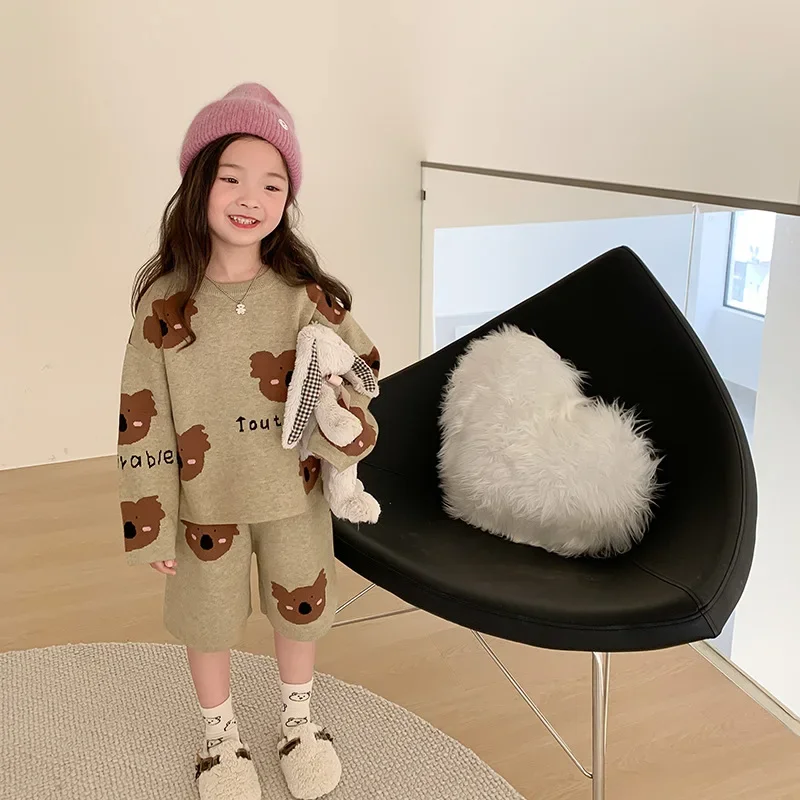 

Winter Girls cartoon bear knitted set thick Outfits Kids Rabbit fleece cored yarn loose sweater and knee length pants 2pcs sets