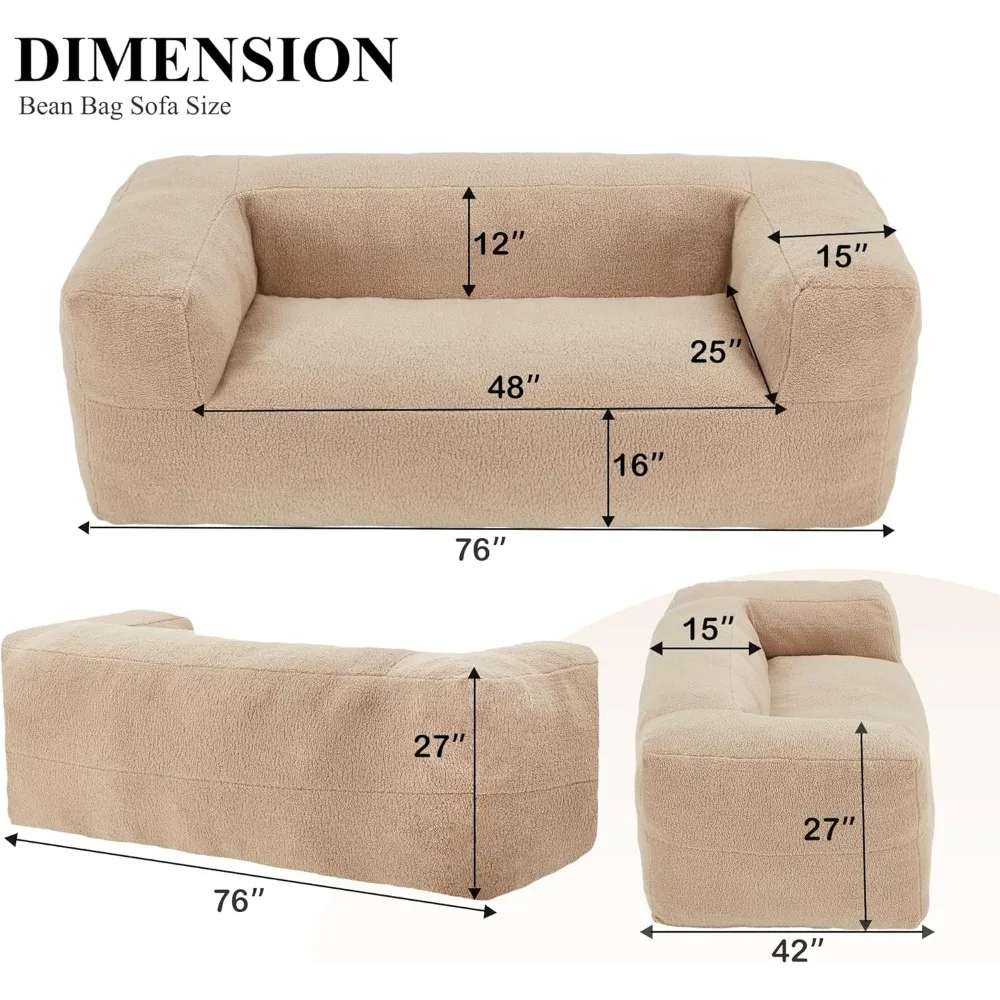 Bean Bag Chair Sofa,Oversized Bean Bag Couch,Memory Foam Filled Floor Loveseat with Soft Sherpa Teddy Cover and Wide Armrests