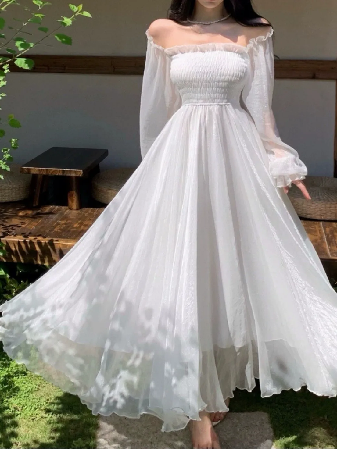 Vacation Style Long Sleeve One Shoulder Waist Cinched Dress Beach Fairy Skirt Lightweight Polyester Summer Dress for Girls
