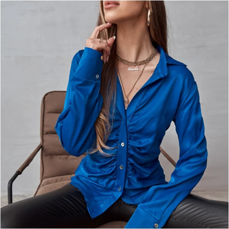 5 Colors Flip Collar Button Long Sleeved Pleated Women's T-shirt Fashionable High Street Daily Versatile Autumn Elegant Top