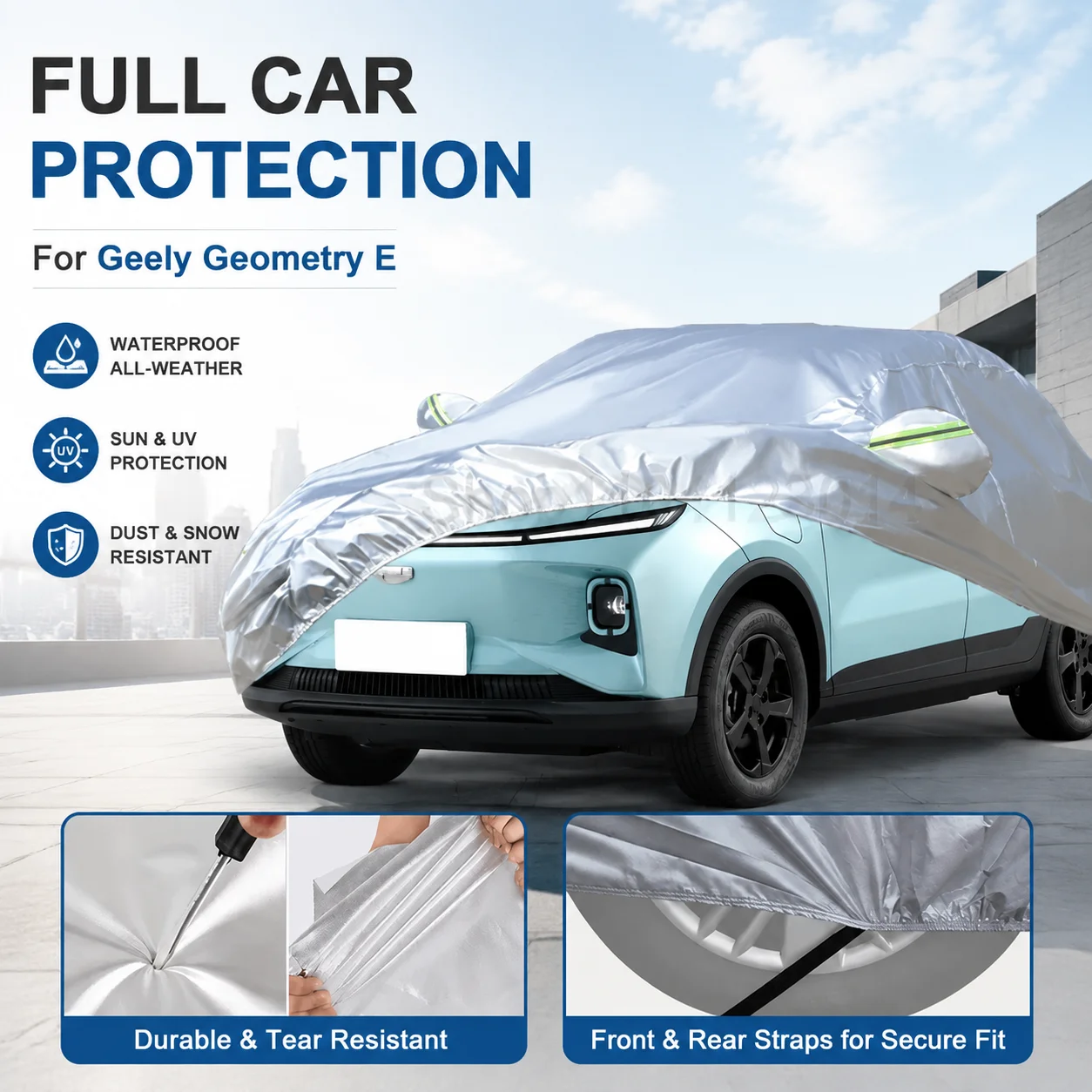 Waterproof Outdoor Full Car Cover Reflective Strips Snowproof Dustproof UV Protection For Geely Geometry E Auto Exterior Accesso