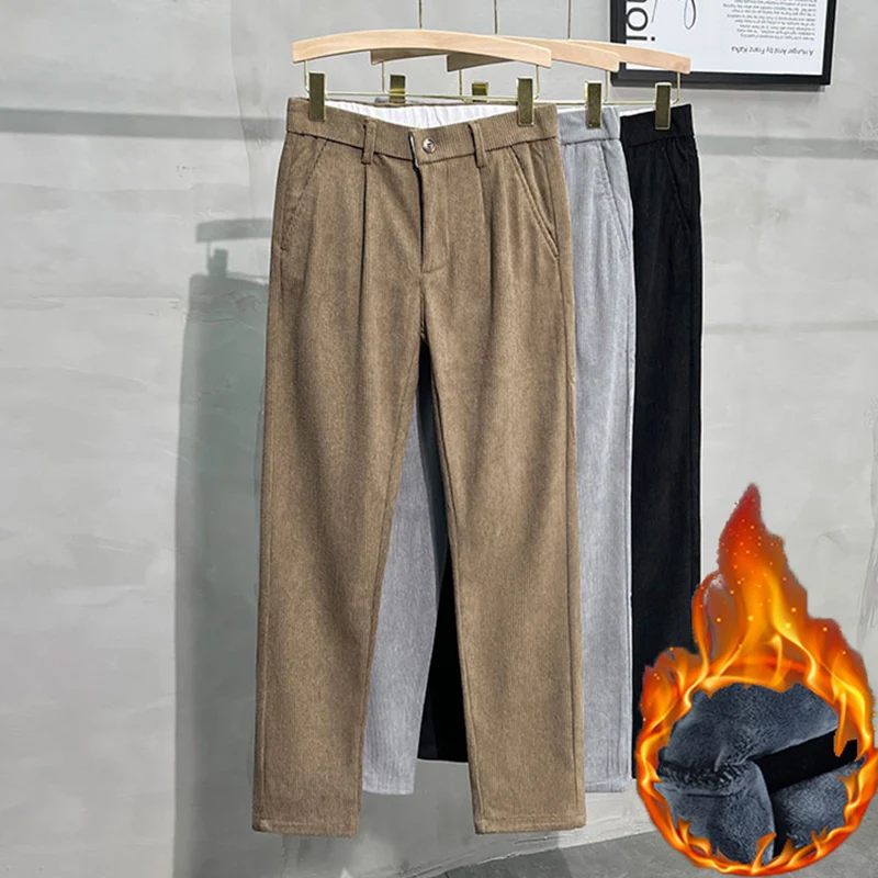 

2025 Men Snow Warm Plush Fleece Pants Stretch Corduroy Solid Casual Baggy Trousers Plush Thermal Winter Hot Sale Pants Male