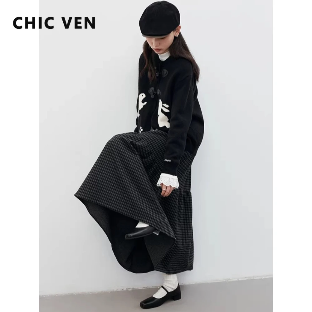 

CHIC VEN корейские женские свитера, свободные повседневные джемперы с круглым вырезом и кроликом, женское вязаное пальто с роговой пуговицей, весна-осень 2026, ткань для девочек