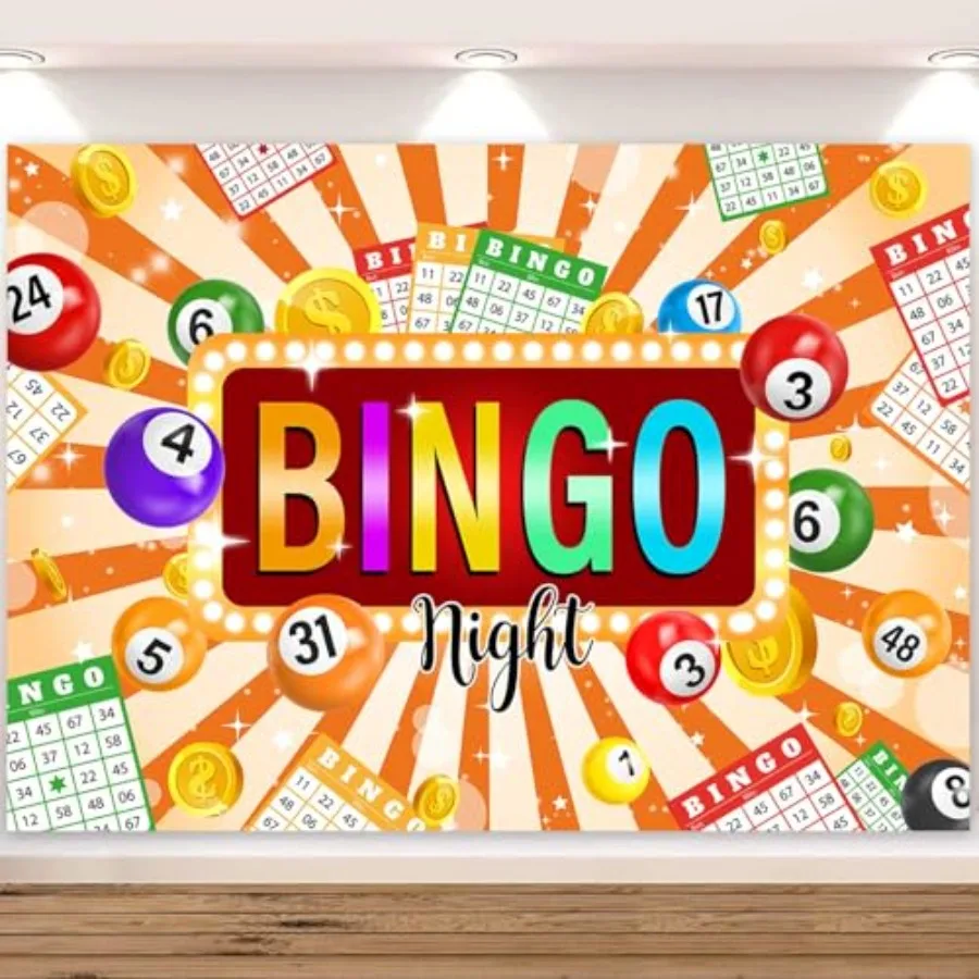 

Bingo Night Banner, Billiards Winning Ball Backdrop Bingo Game Time Party Decorations Contest Cards Gold Coins Photo Background