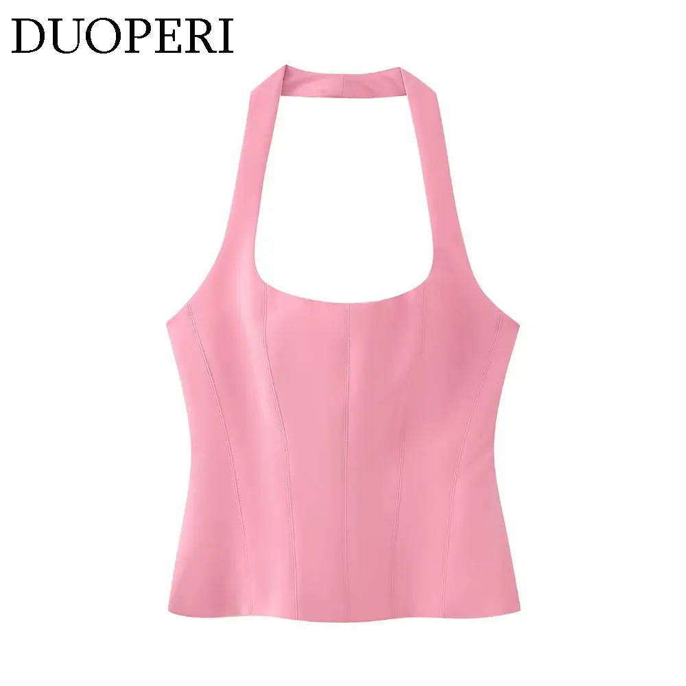 DUOPERI Women Fashion Solid Halter Neck Sleeveless Tops Camisole Female Chic Lady Casual Tops Tank