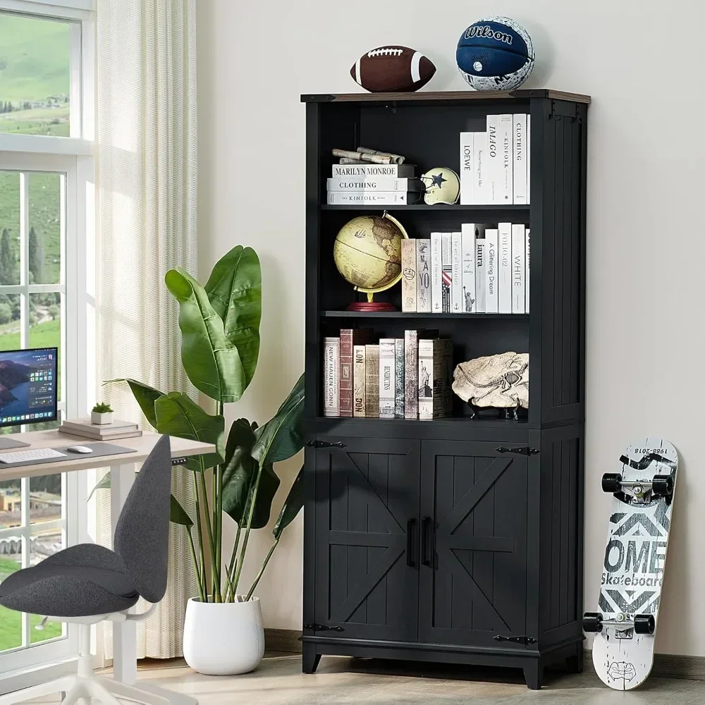 70in Tall Bookshelf 5 Tier Bookcase with Barn Doors and Adjustable Shelves, Black Farmhouse Book Shelf with Storage Cabinet